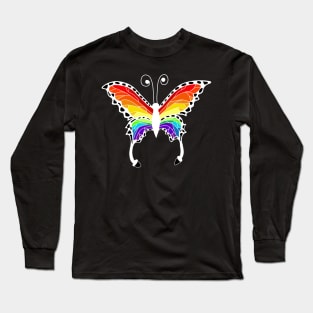 White Winged Rainbow Stained-Glass Style Butterfly Long Sleeve T-Shirt